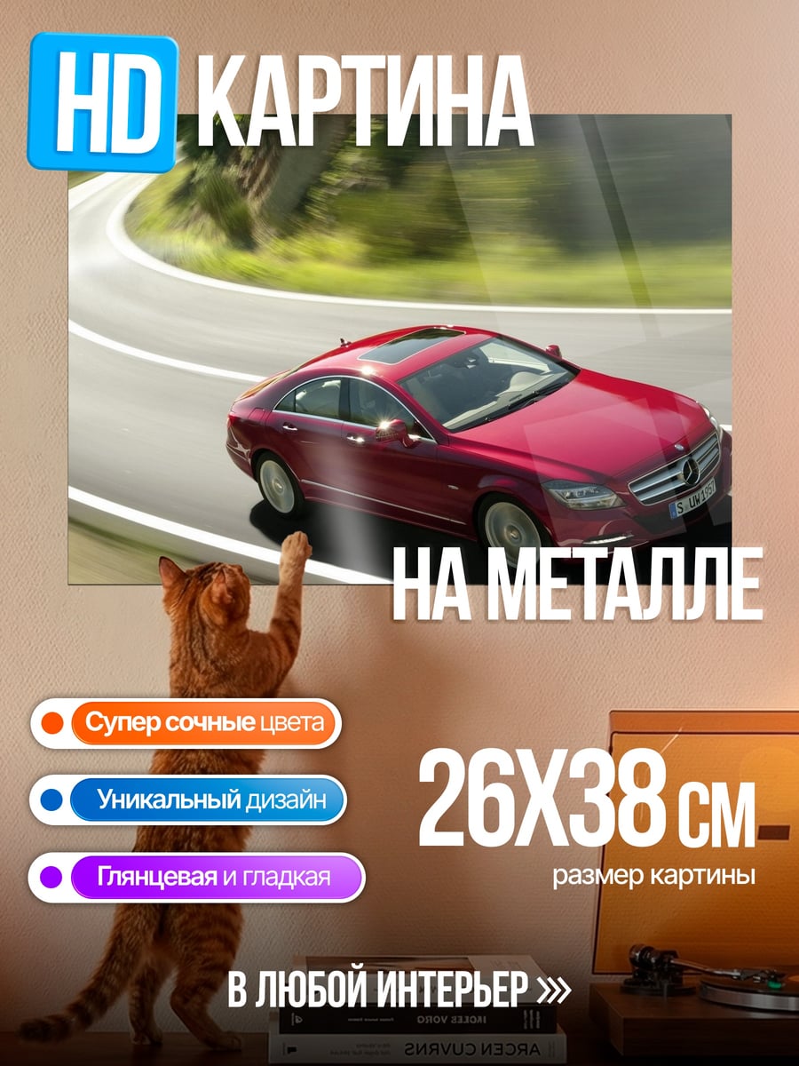 Картина на металле Красный Mercedes на дороге