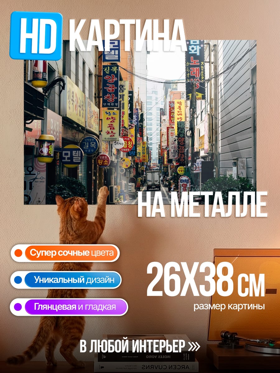Картина на металле Улица Сеула с неоном