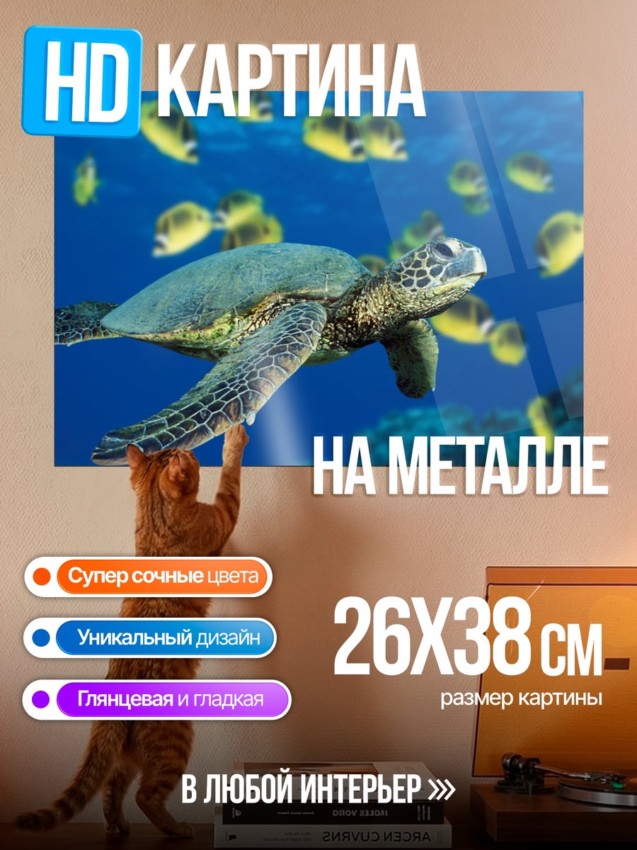 Картина на металле Черепаха и рыбы