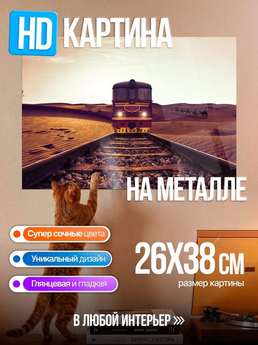 Картина на металле Поезд в пустыне
