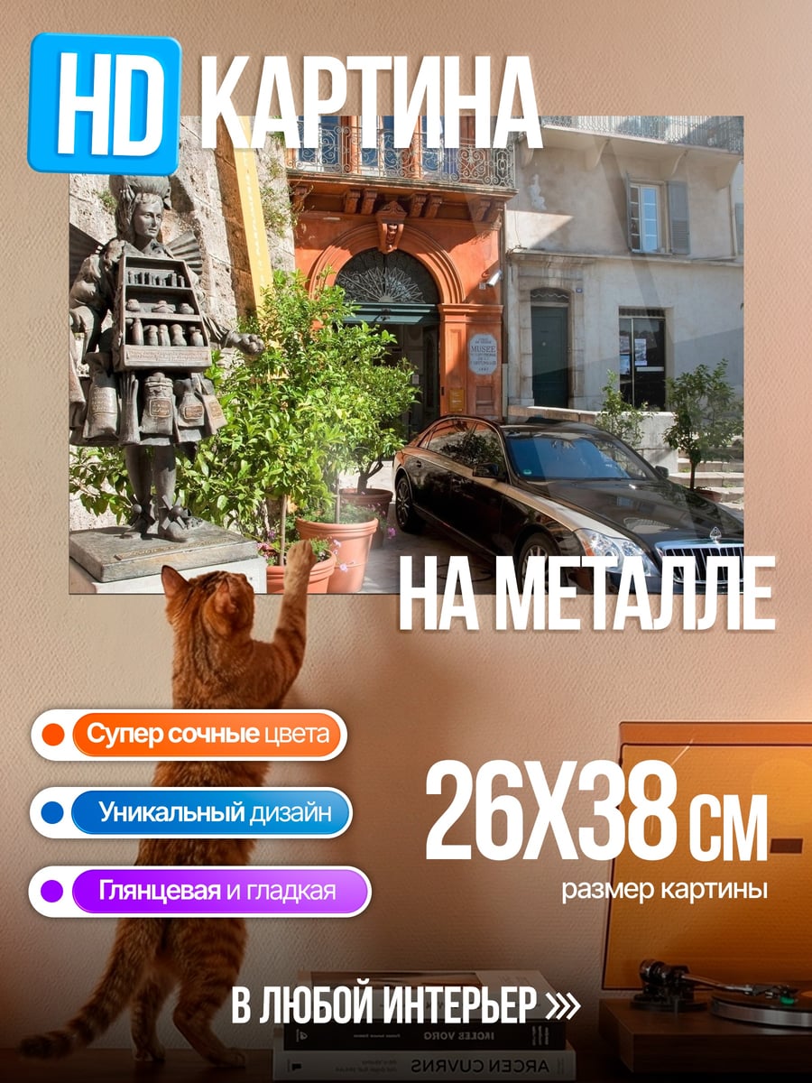 Картина на металле Статуя и автомобиль
