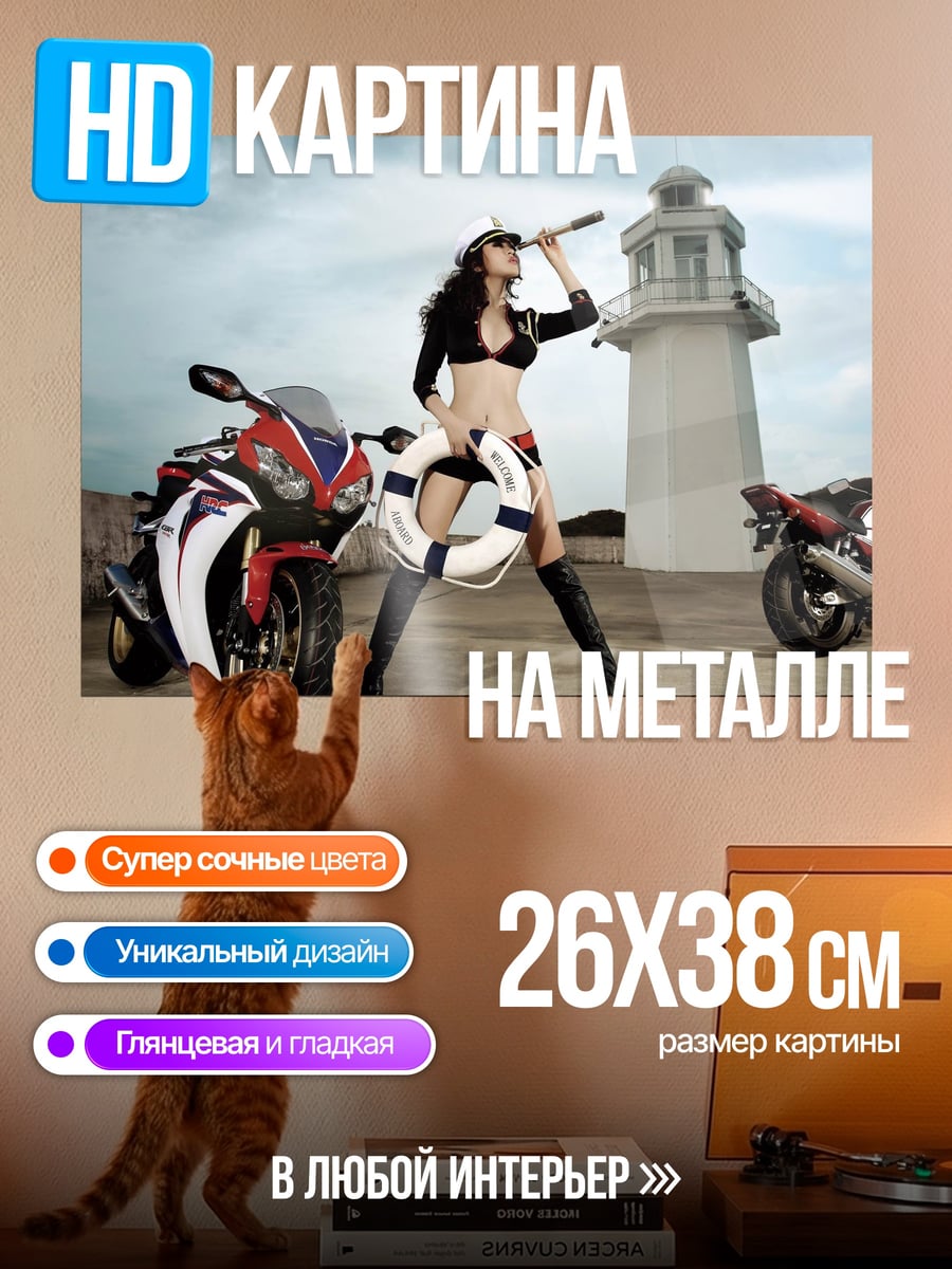 Картина на металле Девушка с мотоциклами