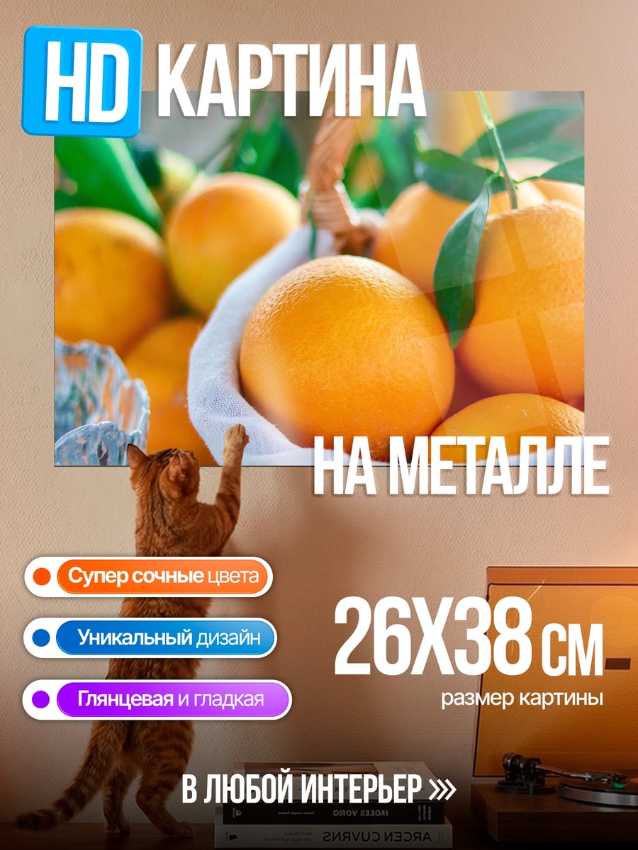 Картина на металле свежие апельсины в корзине