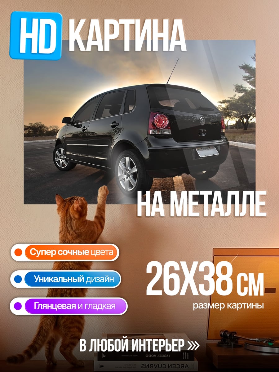 Картина на металле Черный Автомобиль Закат