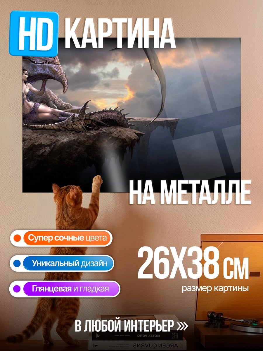 Картина на металле девушка и дракон