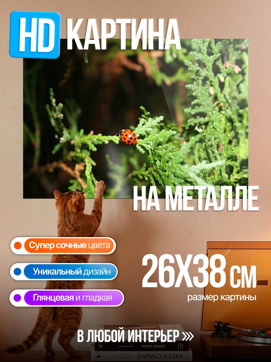 Картина на металле божья коровка ветка