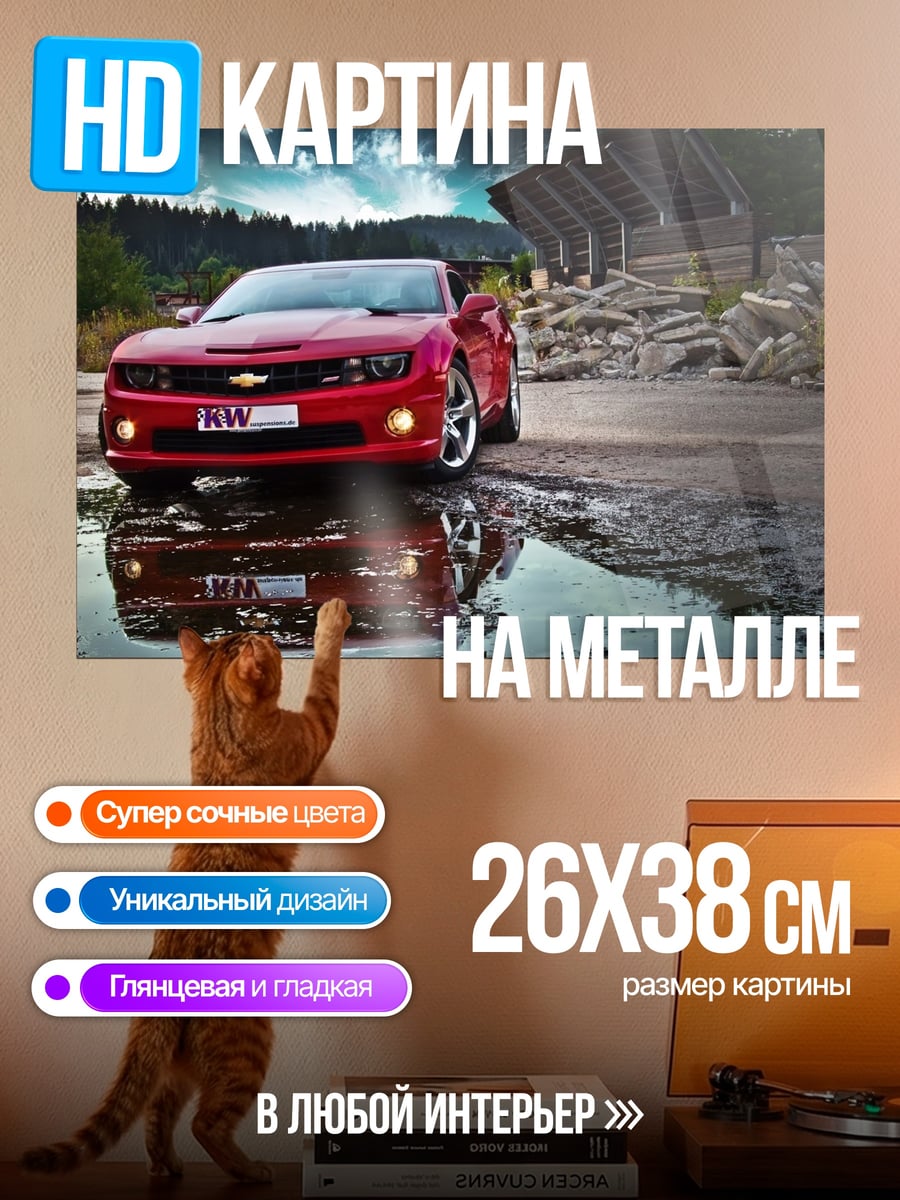 Картина на металле Красный Камаро дождь