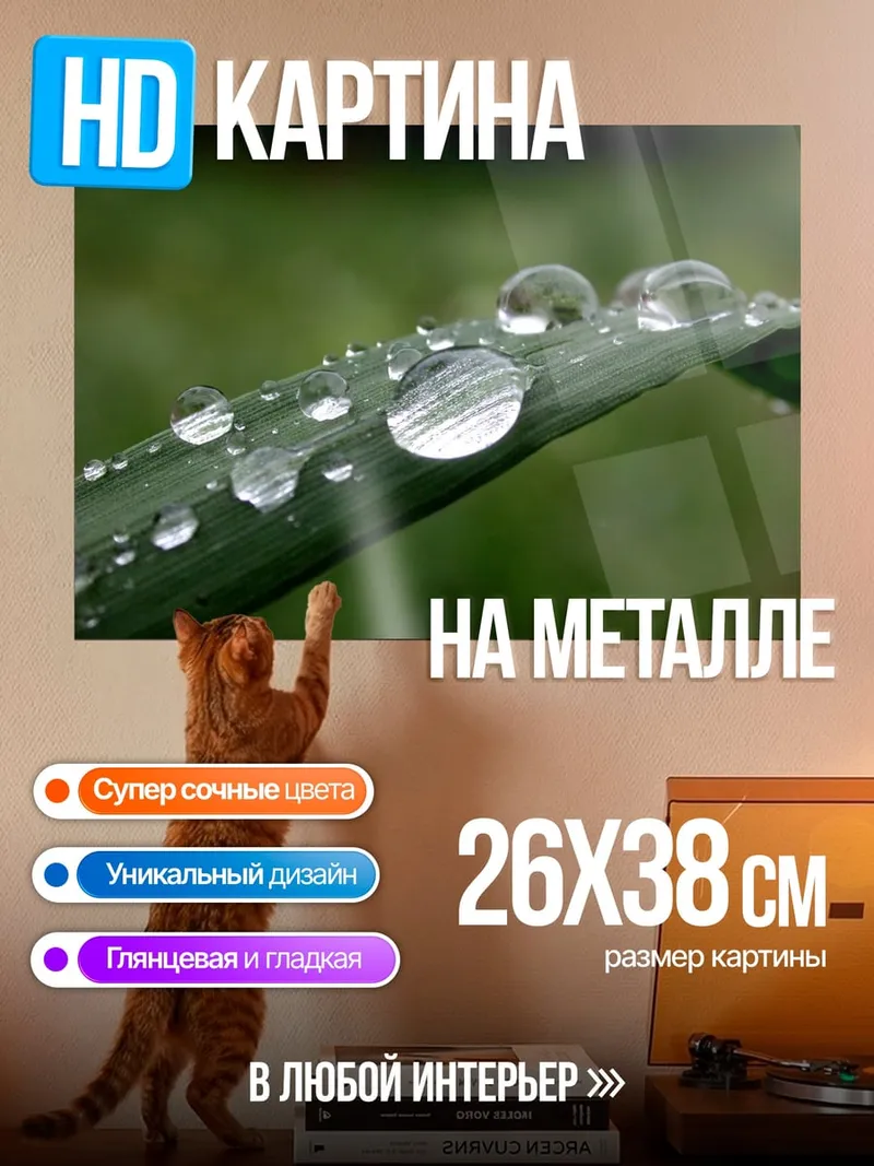 Картина на металле Капли на траве