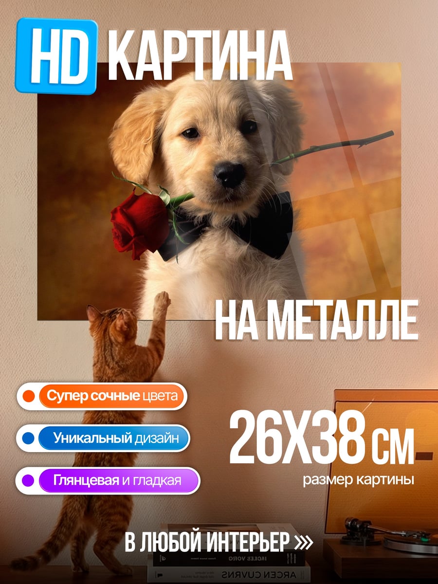 Картина на металле Щенок с розой