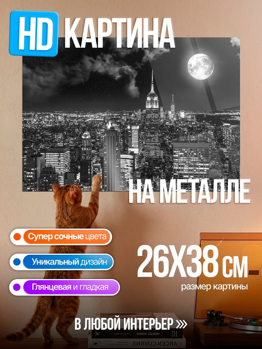 Картина на металле Ночной город луна