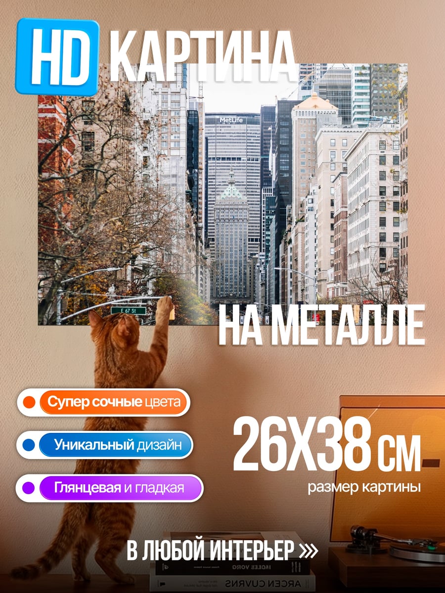 Картина на металле городская улица машины