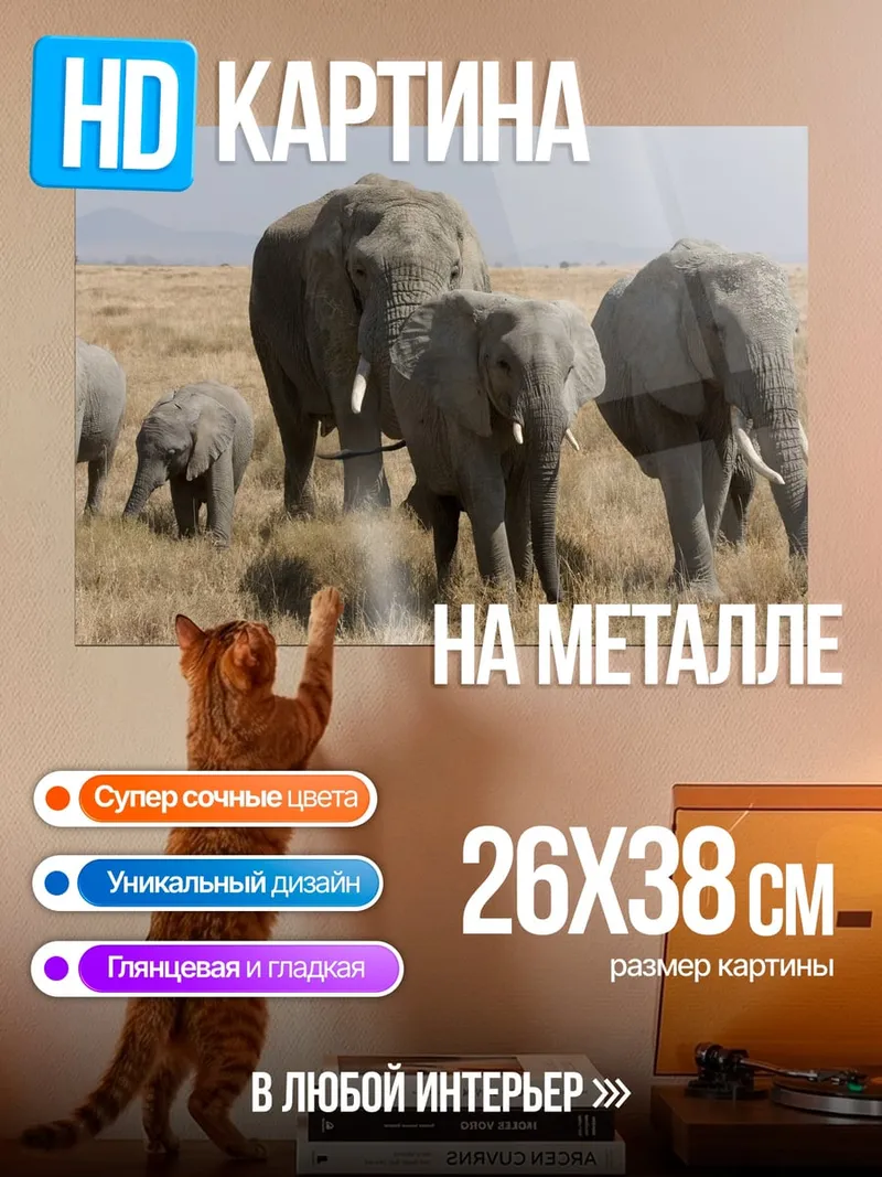 Картина на металле Семья слонов