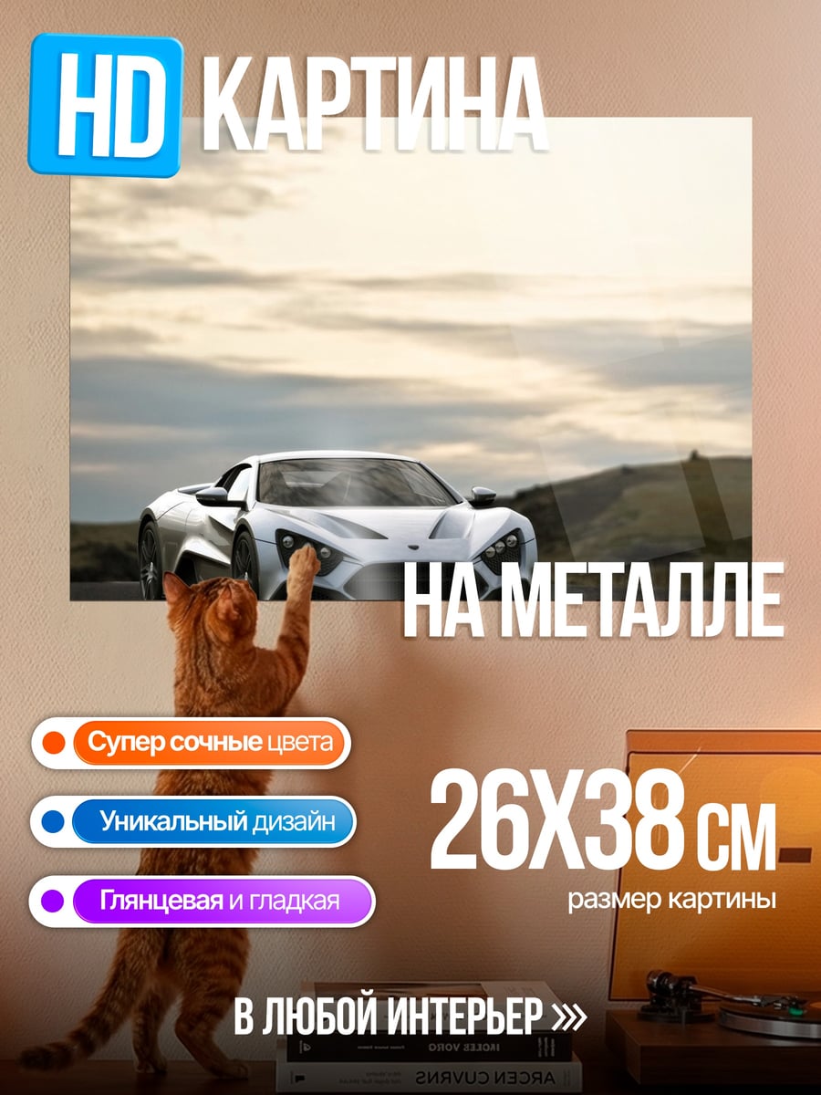 Картина на металле Белый спорткар на дороге