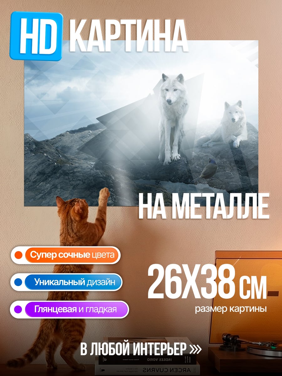 Картина на металле Белые волки в горах