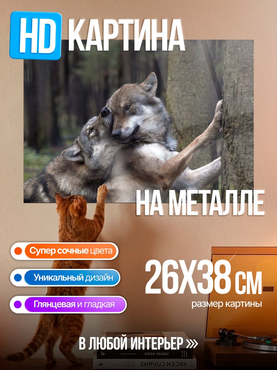 Картина на металле Два волка в лесу