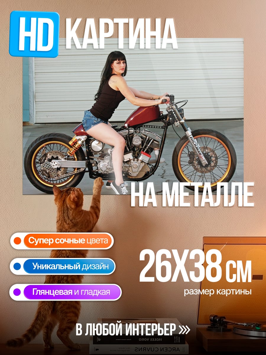 Картина на металле Девушка на мотоцикле
