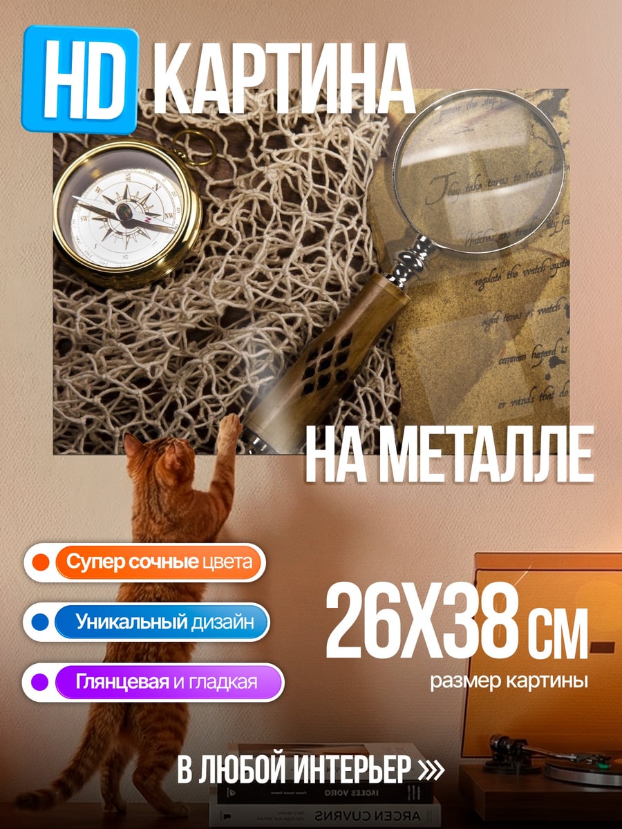 Картина на металле Компас и карта
