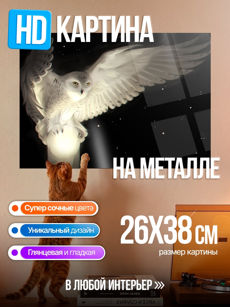 Картина на металле Летающая сова с шаром