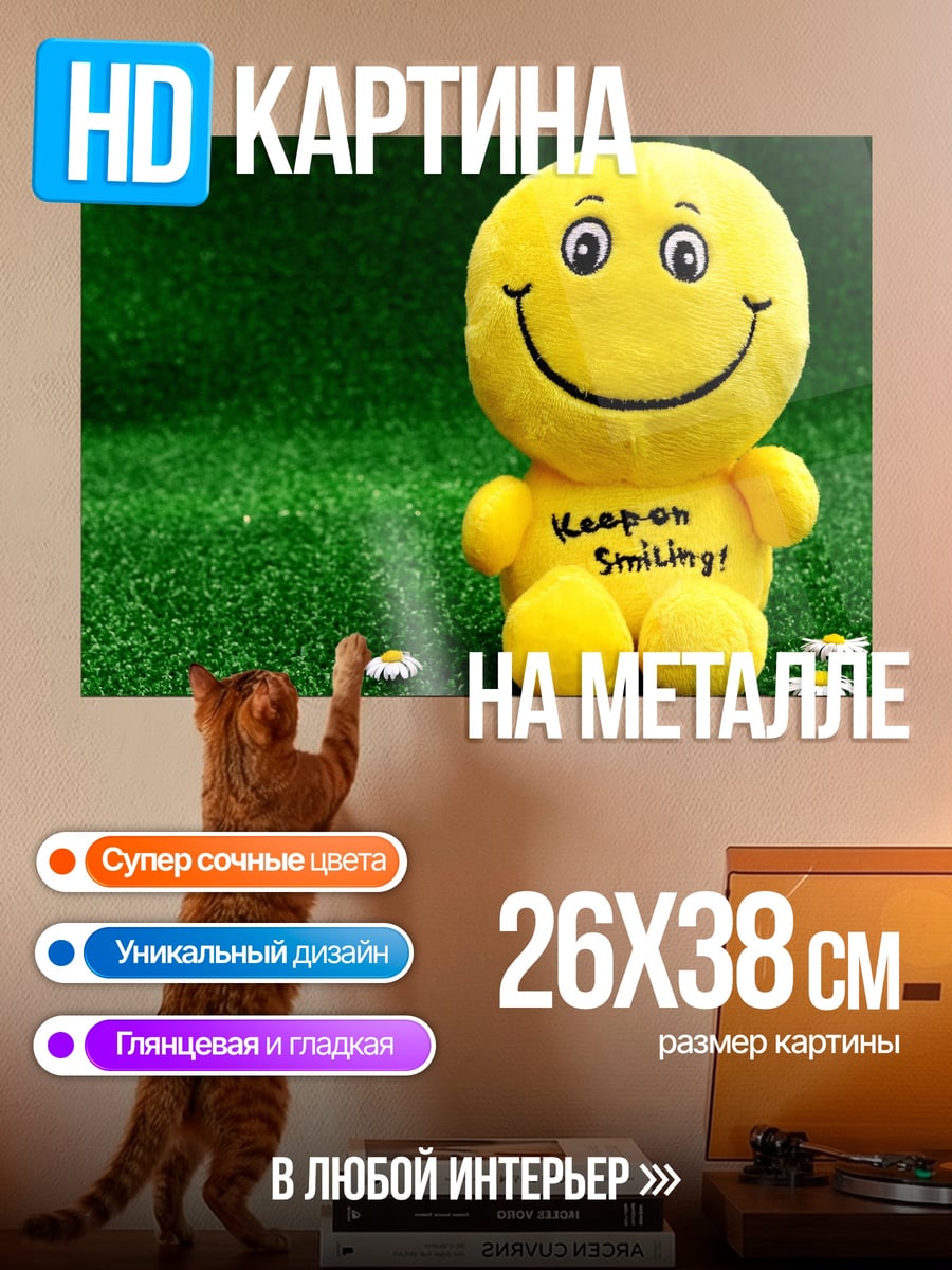 Картина на металле смайлик на траве
