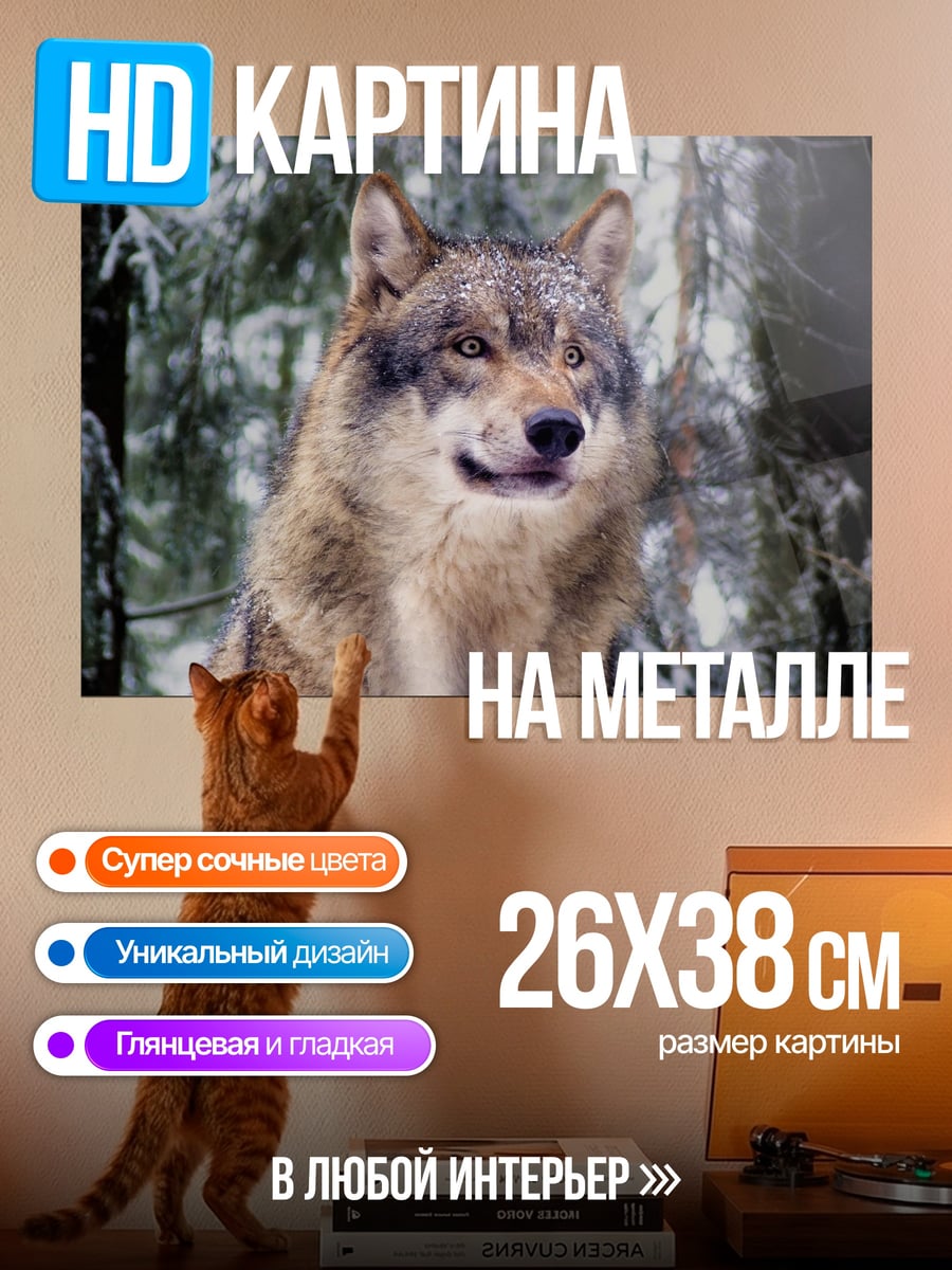Картина на металле волк в зимнем лесу