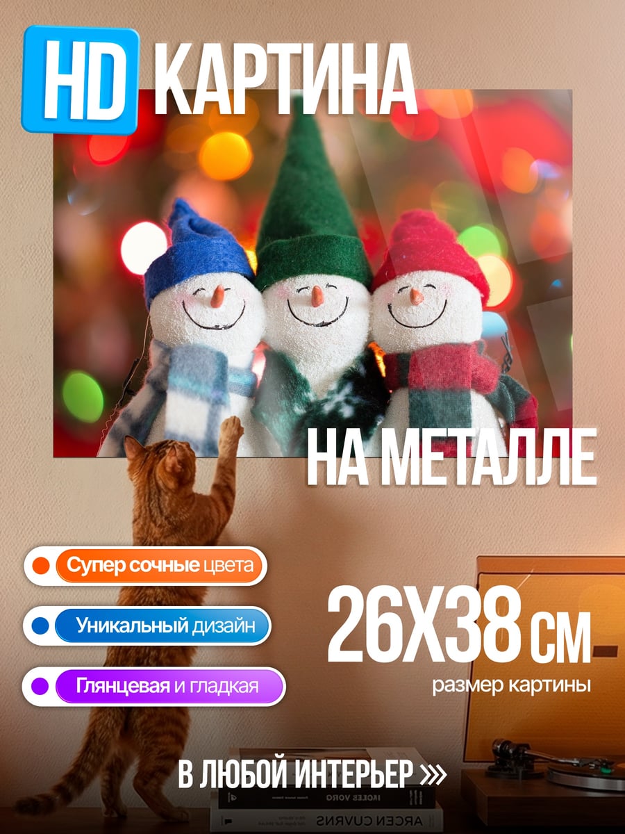 Картина на металле Снеговики с огоньками