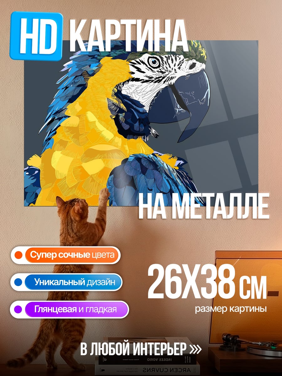 Картина на металле Сине-жёлтый попугай