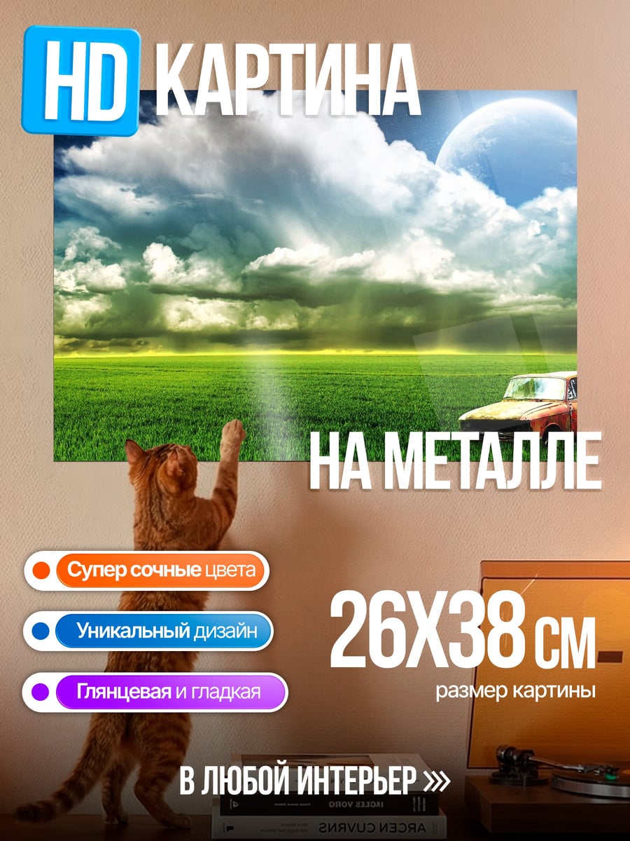 Картина на металле Старый автомобиль поле