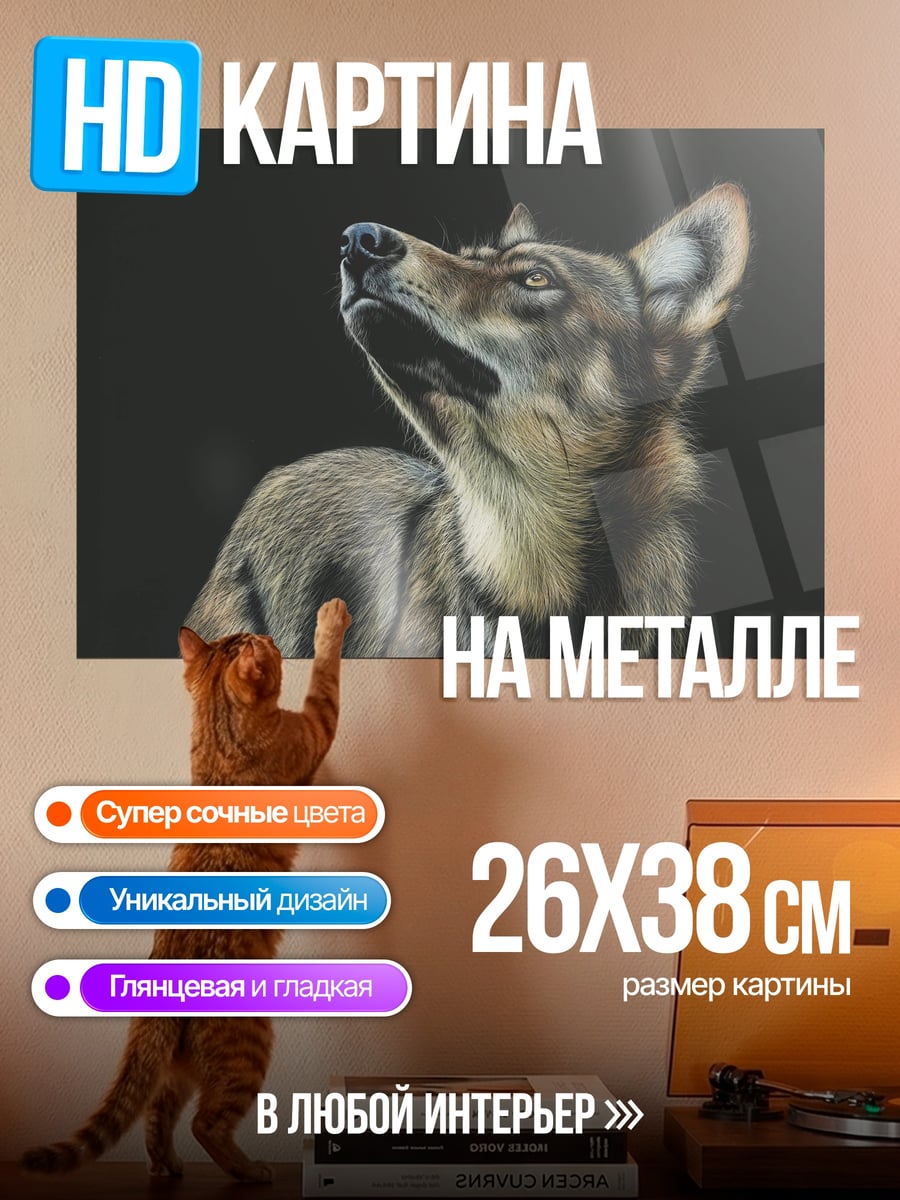 Картина на металле Волк смотрит вверх