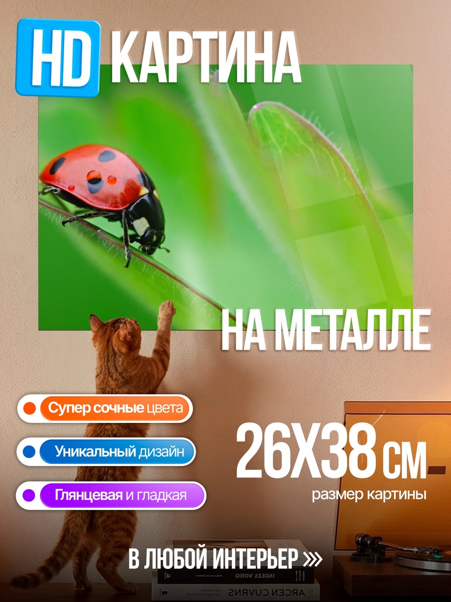 Картина на металле Божья коровка на листе