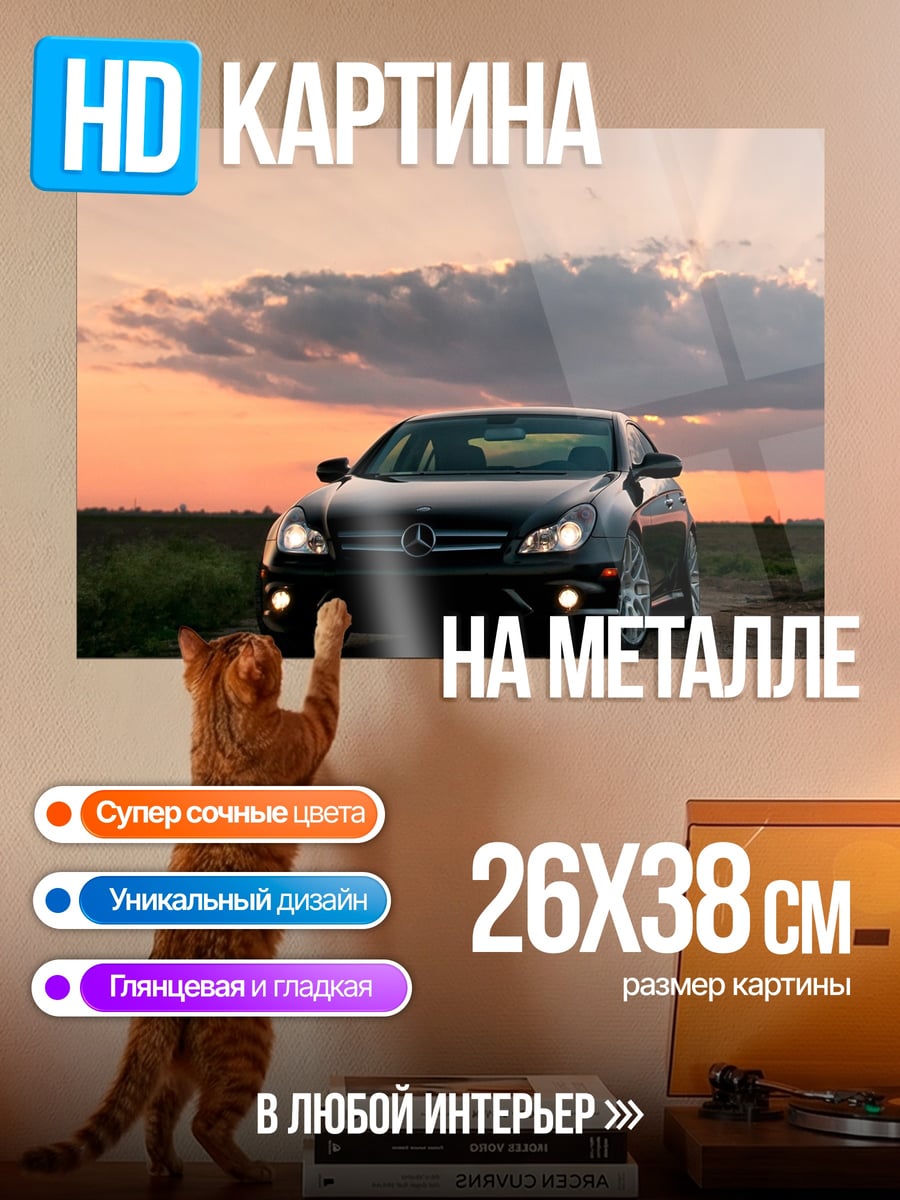 Картина на металле черный автомобиль на закате
