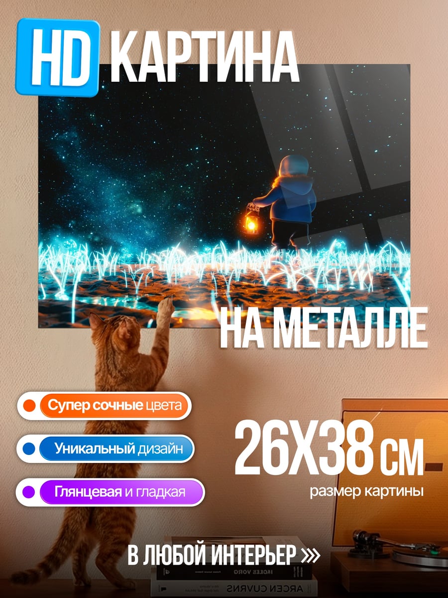 Картина на металле девочка фонарь космос