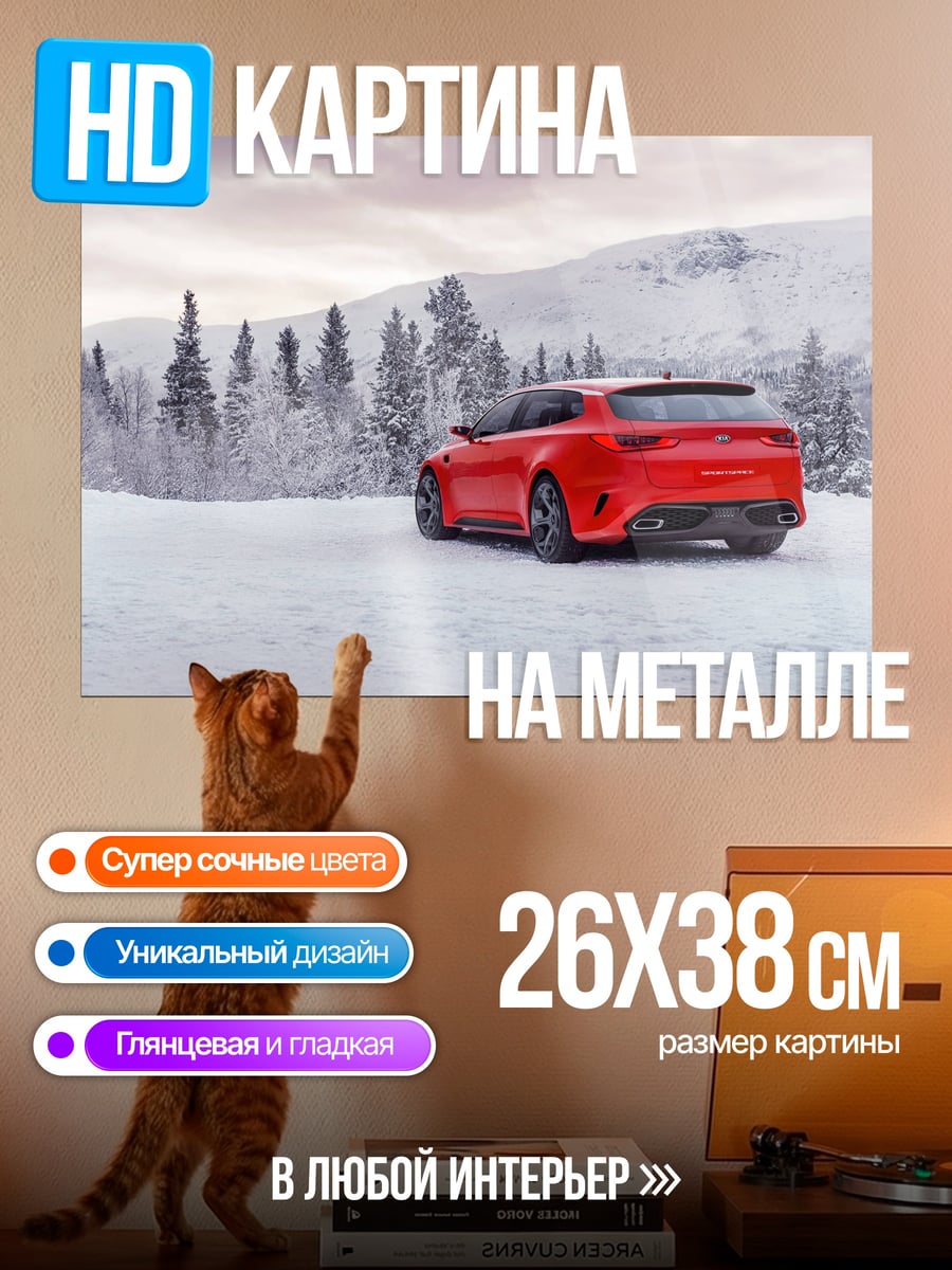 Картина на металле Красный автомобиль в снегу