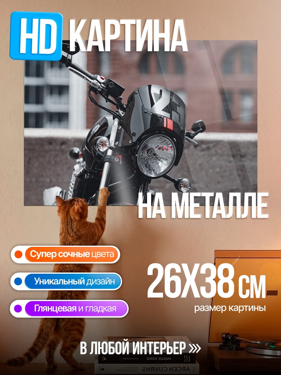 Картина на металле Мотоцикл на фоне города