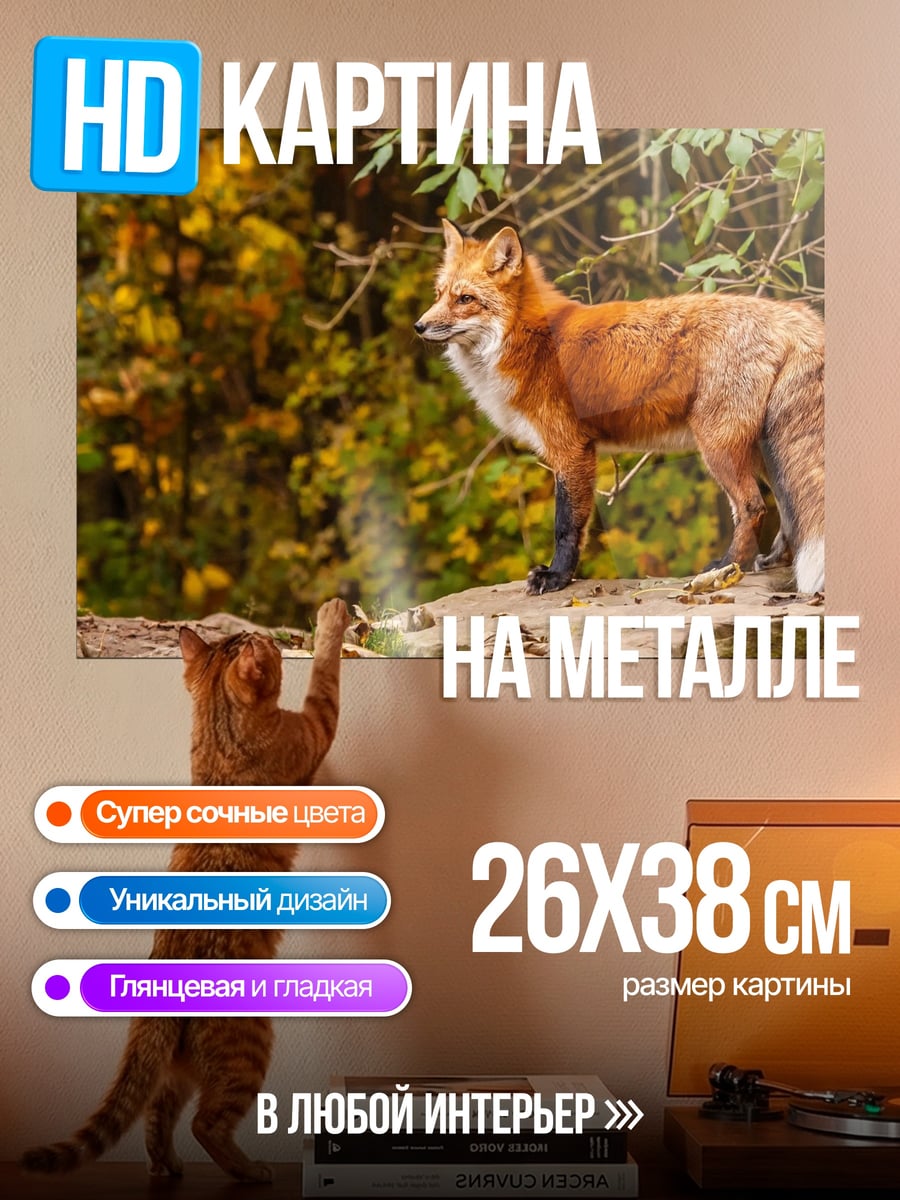 Картина на металле Лиса на камне