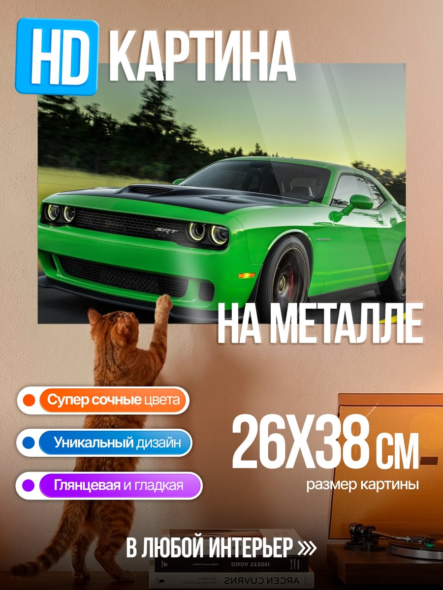Картина на металле Зеленый маслкар на дороге