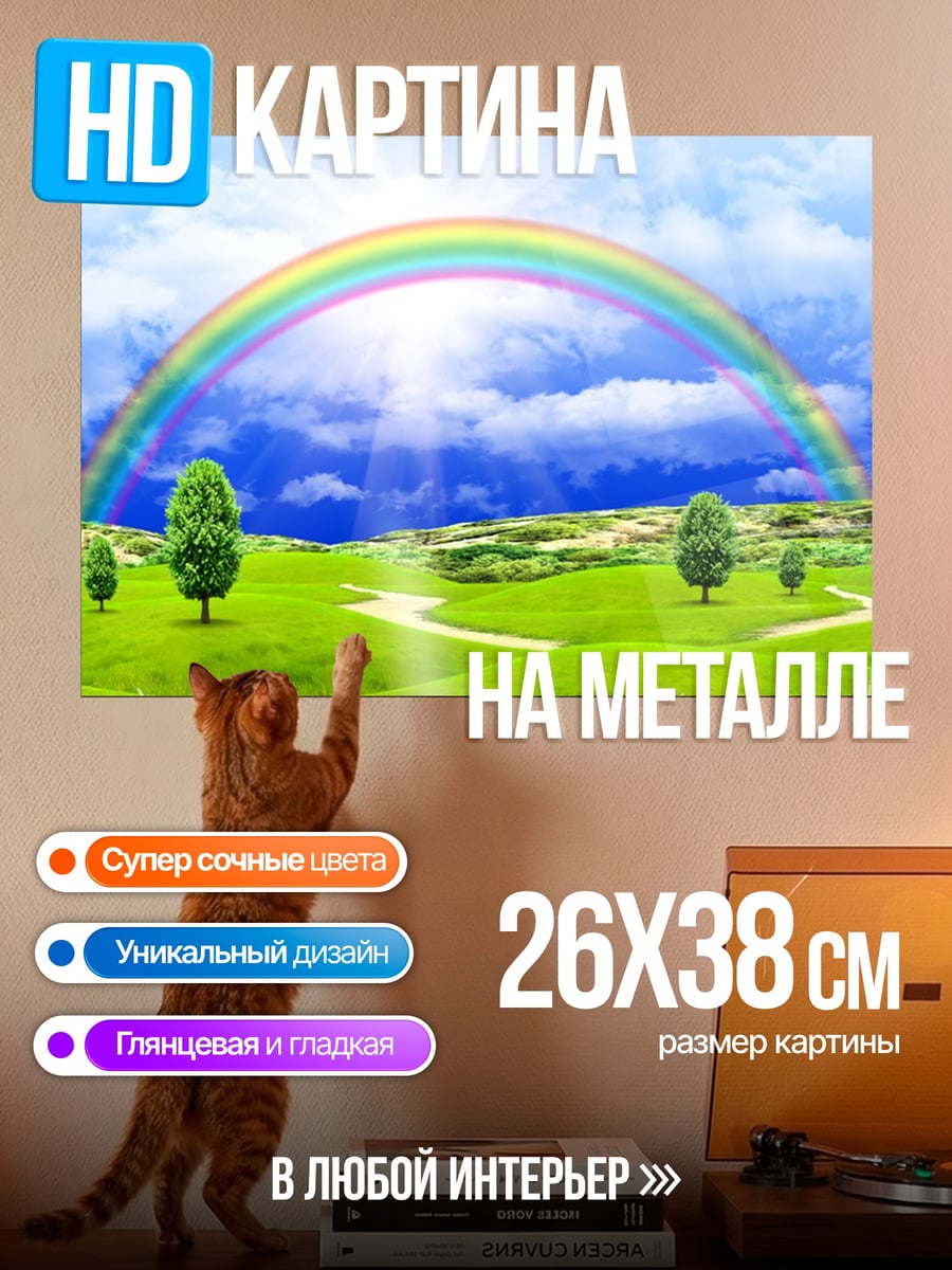 Картина на металле Радуга над полем
