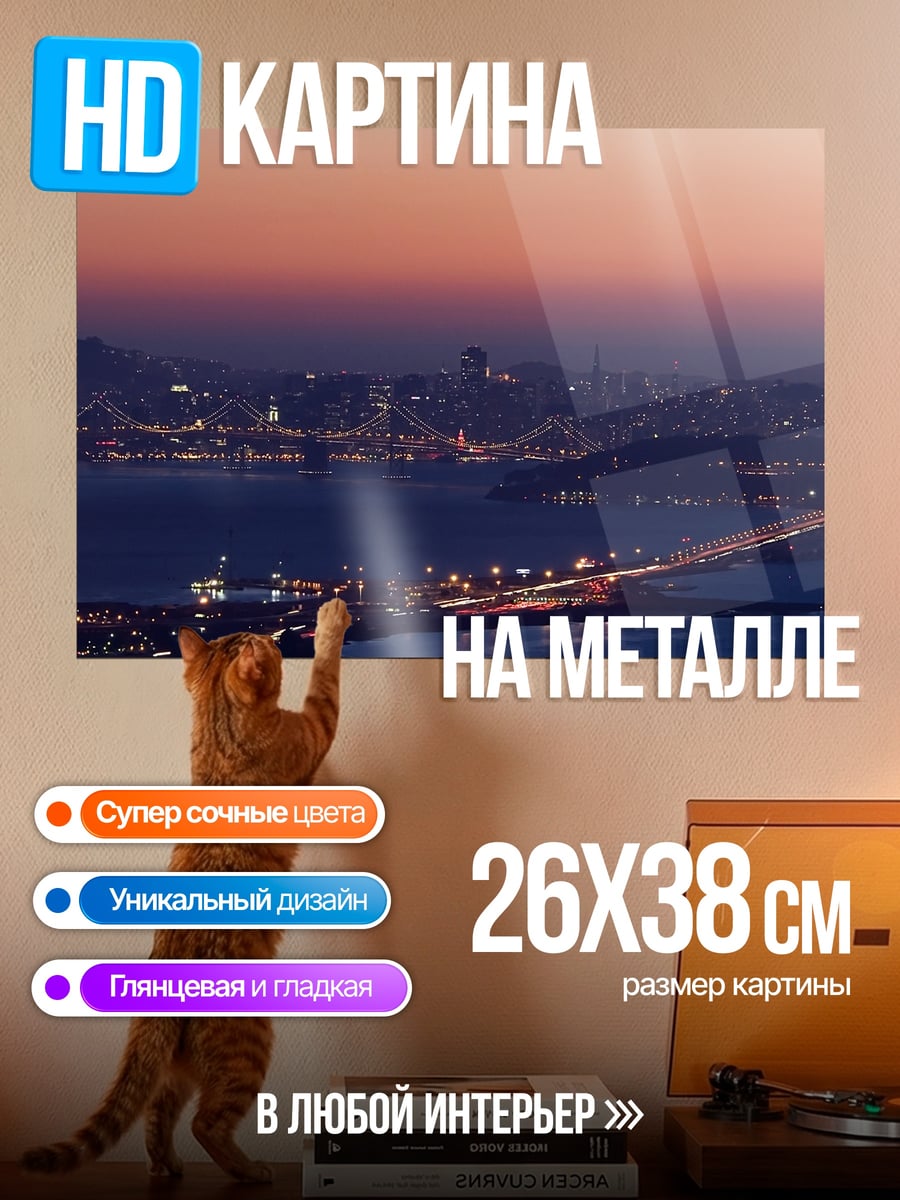 Картина на металле Городской пейзаж на закате