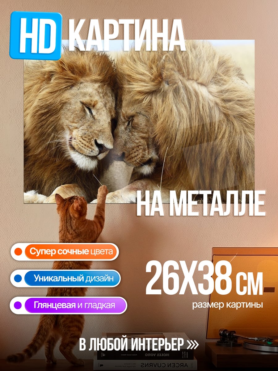Картина на металле Два льва в саванне