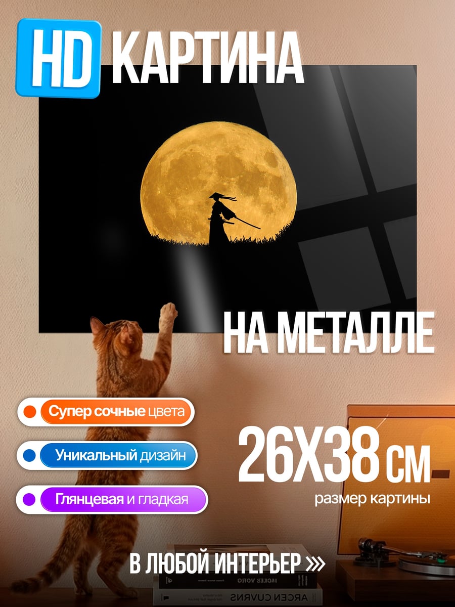 Картина на металле Самурай полная луна