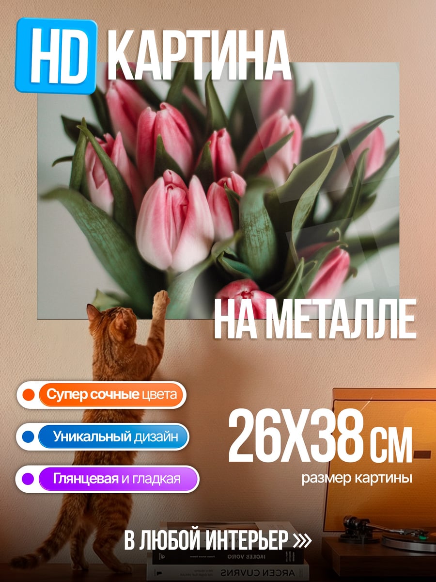 Картина на металле Букет розовых тюльпанов