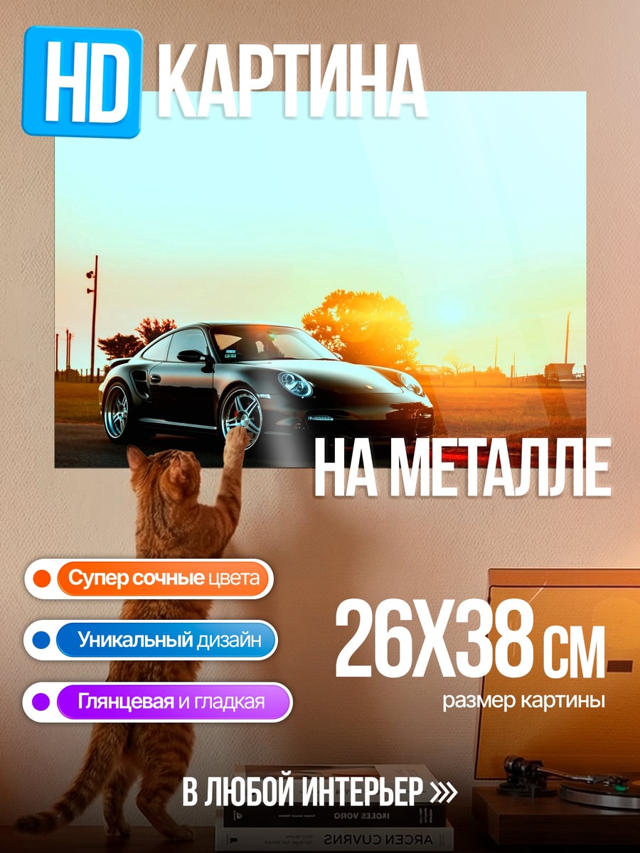 Картина на металле Спортивный автомобиль на закате