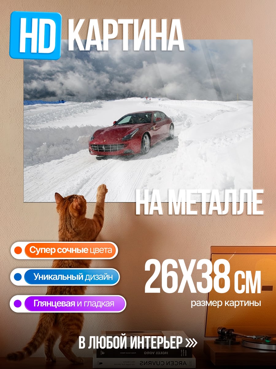 Картина на металле Красная машина снег
