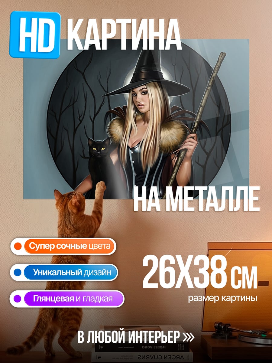 Картина на металле Ведьма с черным котом