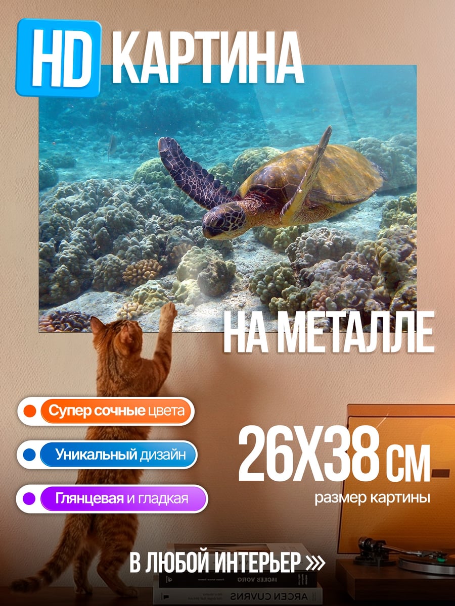 Картина на металле Морская черепаха коралл