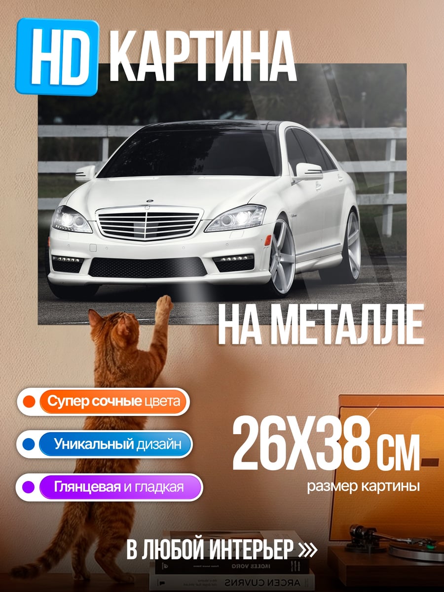 Картина на металле Белый седан на дороге
