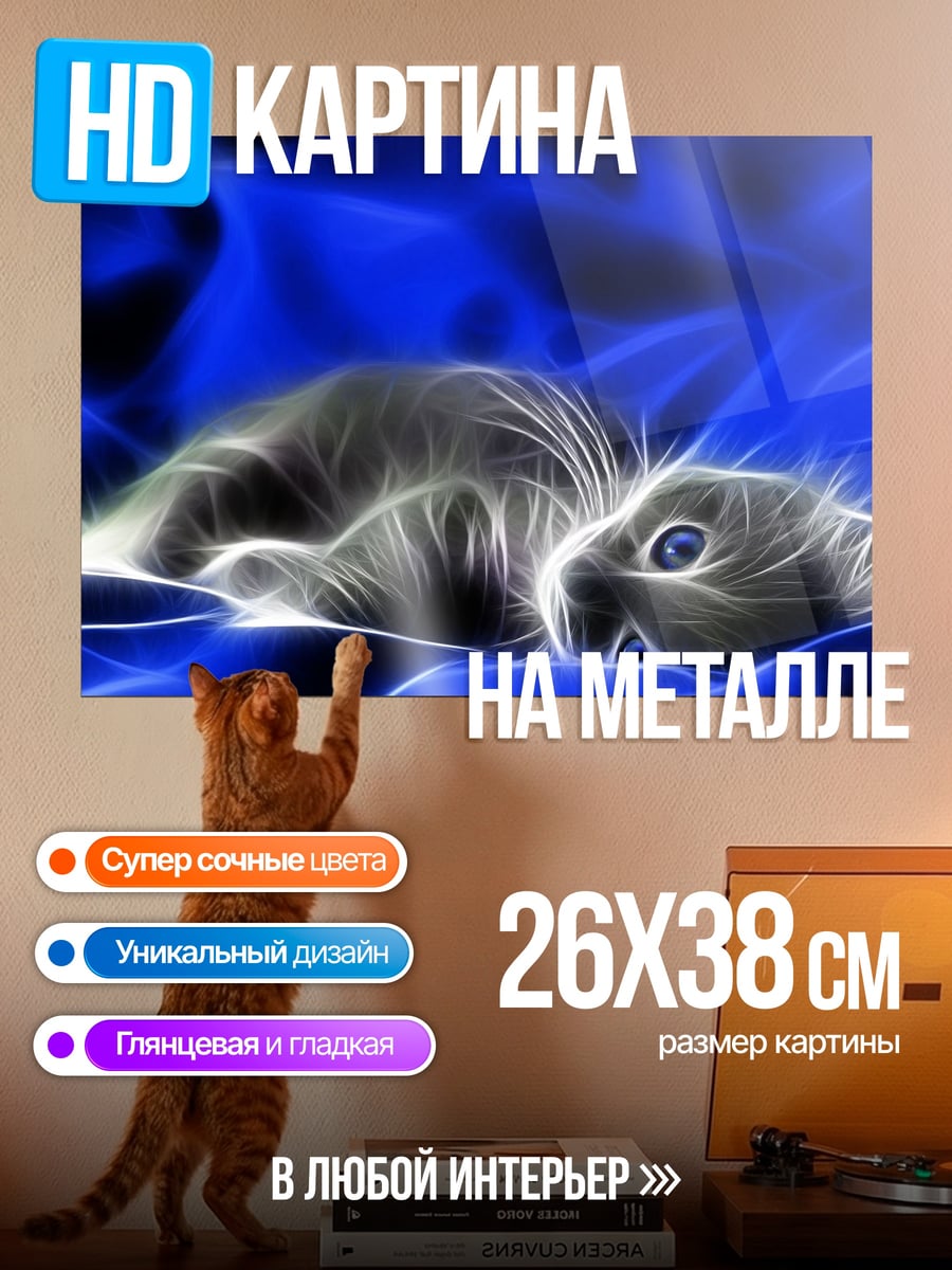 Картина на металле Неоновый кот синий