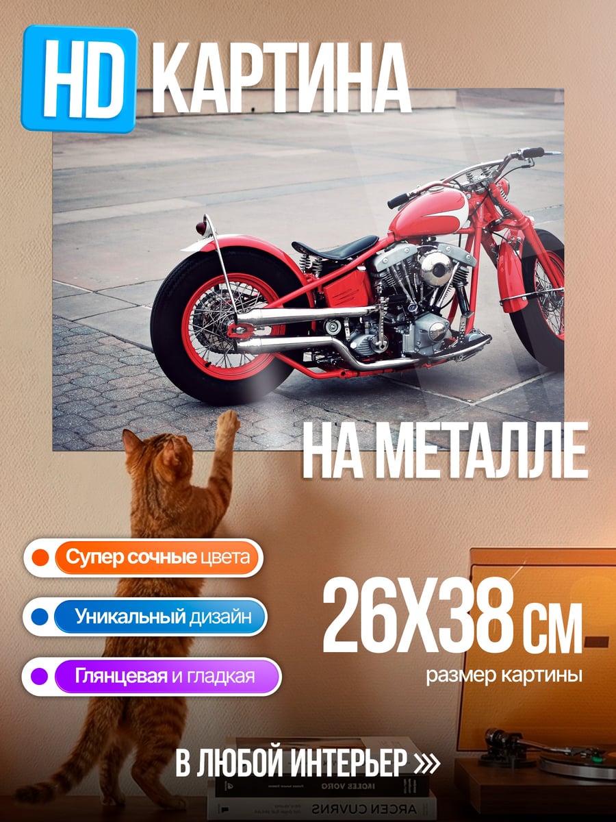 Картина на металле Красный мотоцикл