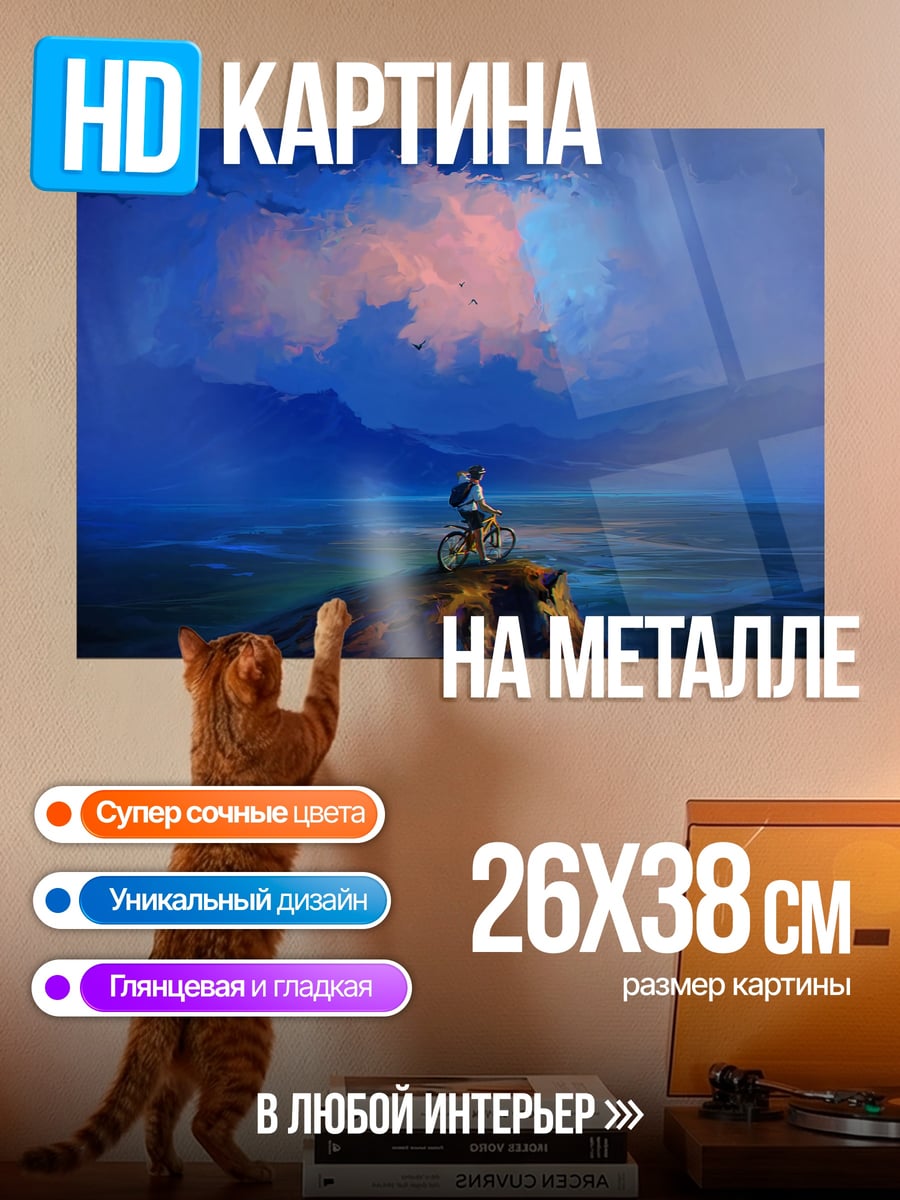 Картина на металле Путешественник на велосипеде