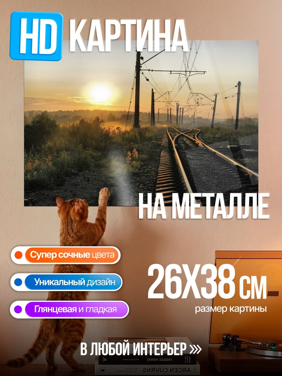 Картина на металле Железнодорожные пути на закате