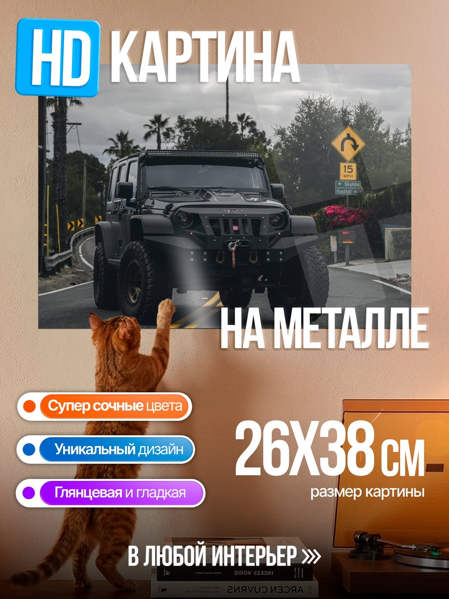Картина на металле Черный внедорожник на дороге